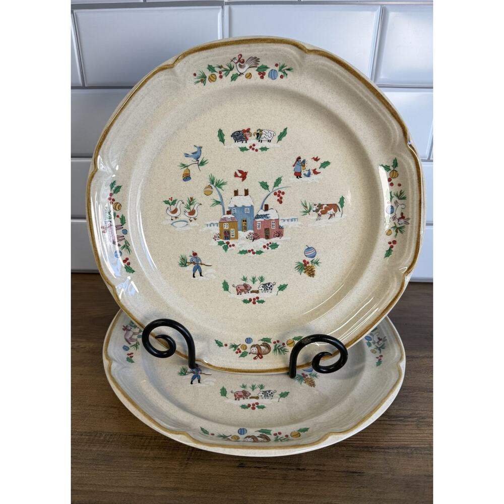 RARE 2 International Heartland Tableworks Christmas Dinner Plates - Cozy Cottage